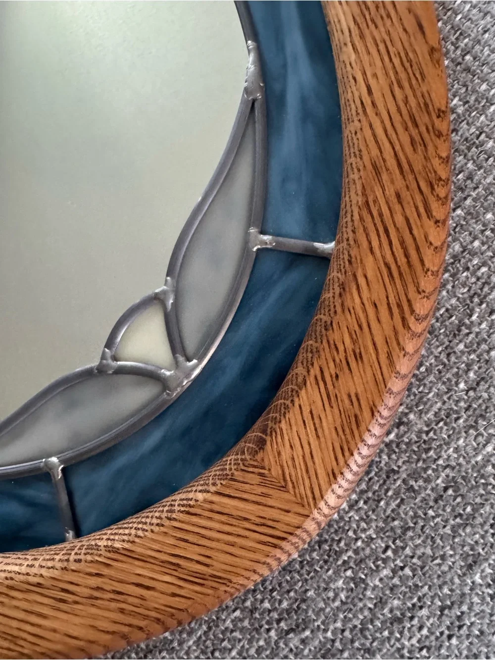 VTG Handmade Oval Solid Wood Framed Stained Glass Mirror Blue/White/Gray